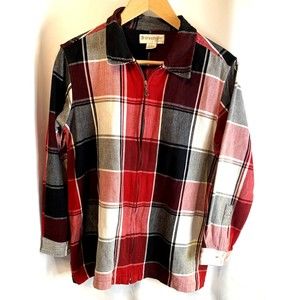 Dressbarn Womens 100% Cotton Tweed Zip Up Jacket Sz 1X Red Black White Plaid